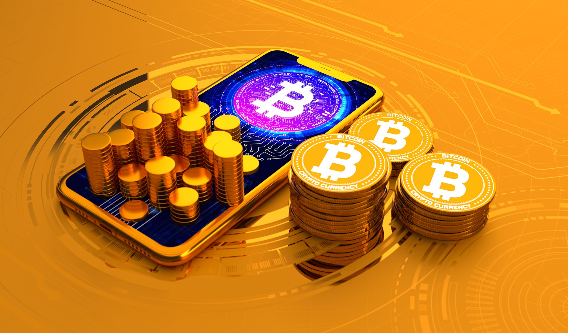 Golden Smartphone with Bitcoin Icon and Coin Stack – Cryptocurrency Trading and Digital Wallet Concept 3D Rendering