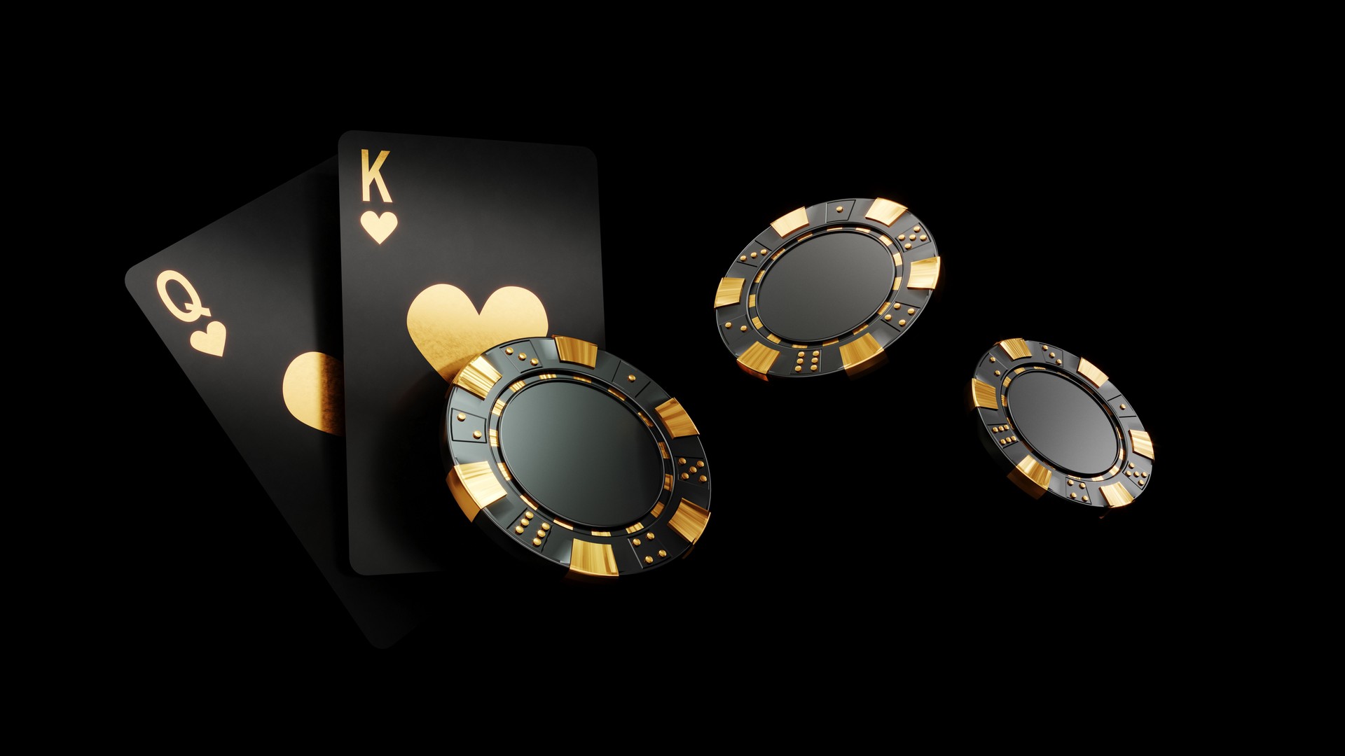 Casino chips, cubes, roulette, drum  on dark black background - 3d render.