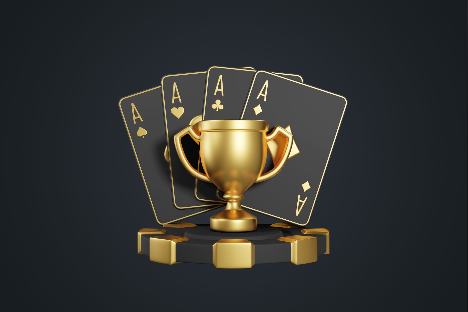 Golden Trophy with Aces and Poker Chips on Dark Background. 3D render