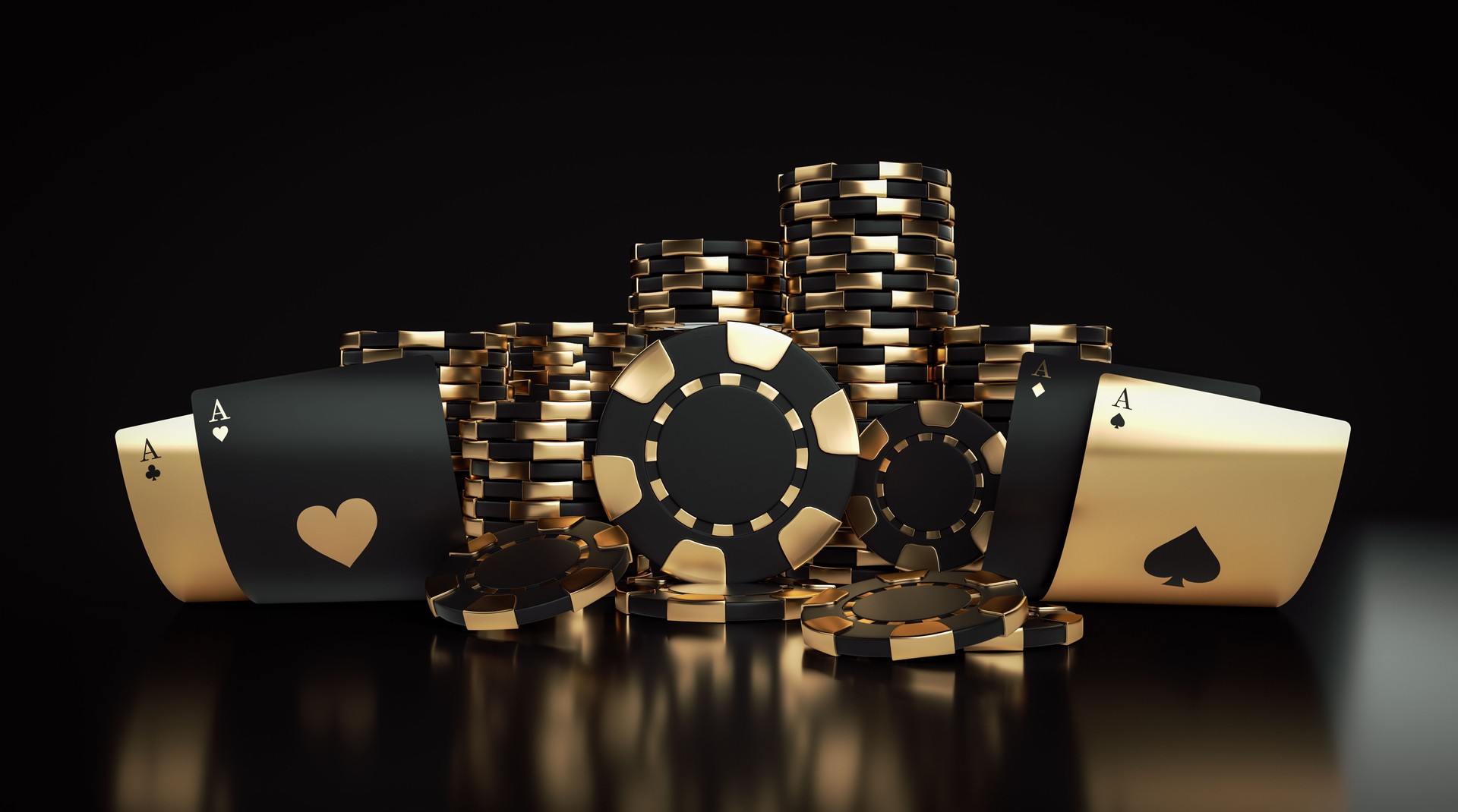 Modern Gambling Concept. Golden And Black Casino Chips And Playing Cards - 3D Illustration